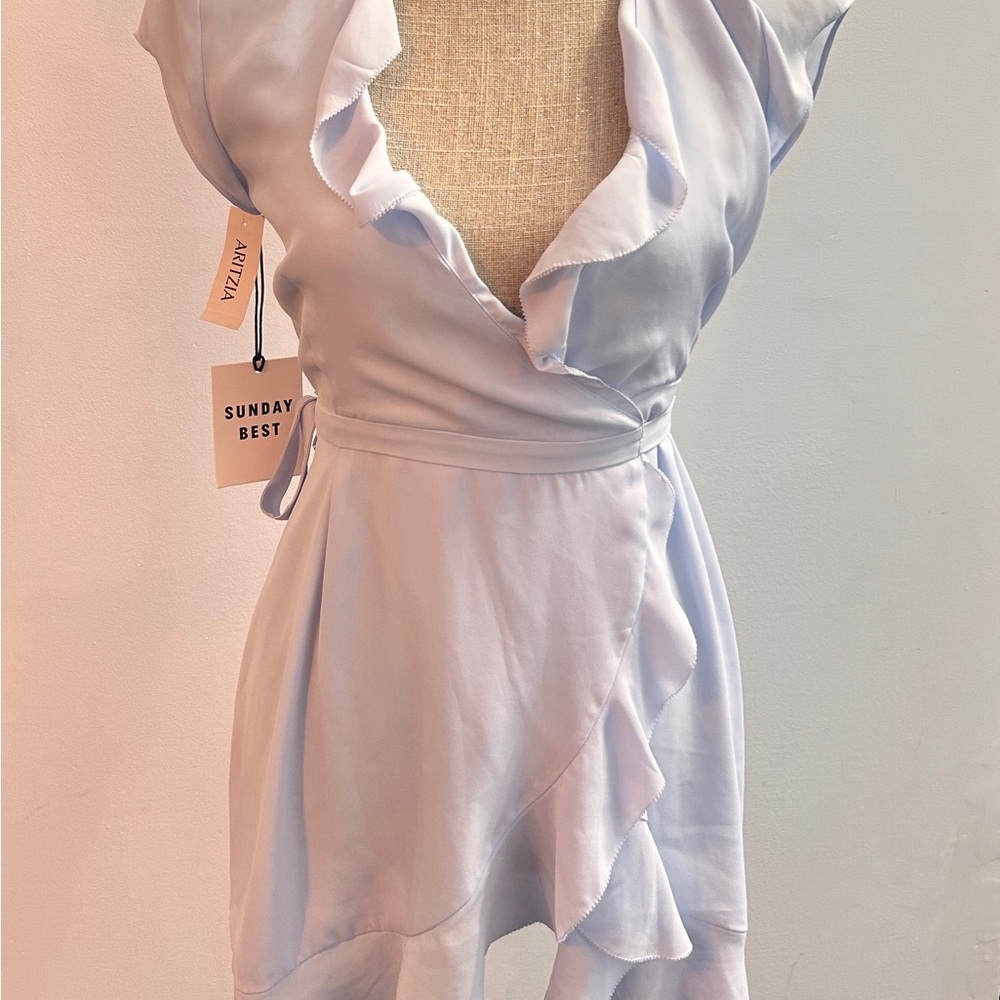 Sunday Best Aritzia Ruffles Wrap Dress Light Blue Size 00 NEW w/tags